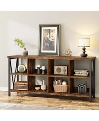homfan 8-Cube Bookshelf Storage Organizer with Industrial Metal Frame, 62" Console Table, Tv Stand, Rustic Farmhouse Style