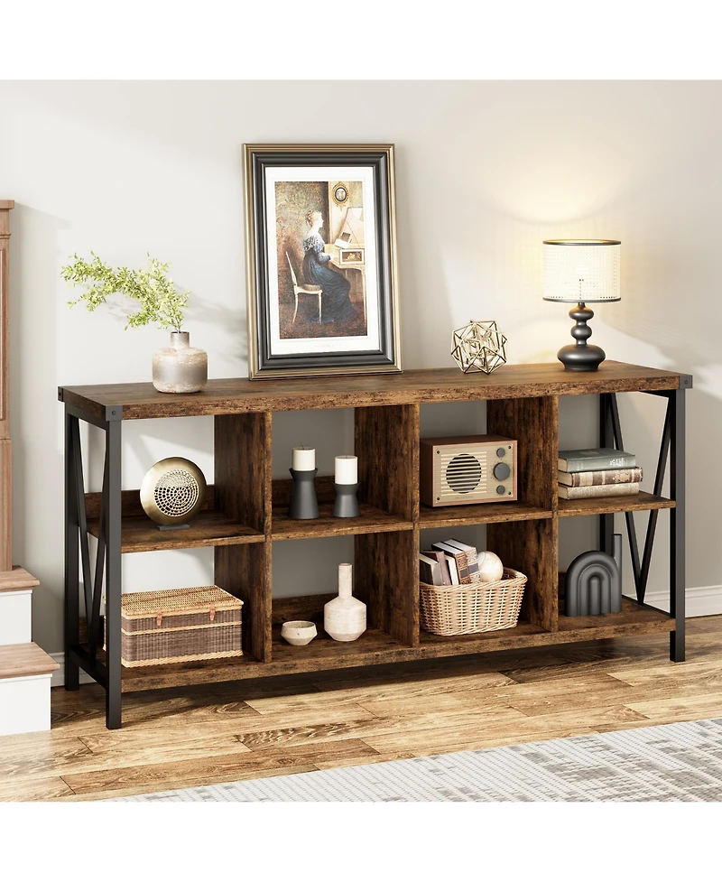 homfan 8-Cube Bookshelf Storage Organizer with Industrial Metal Frame, 62" Console Table, Tv Stand, Rustic Farmhouse Style