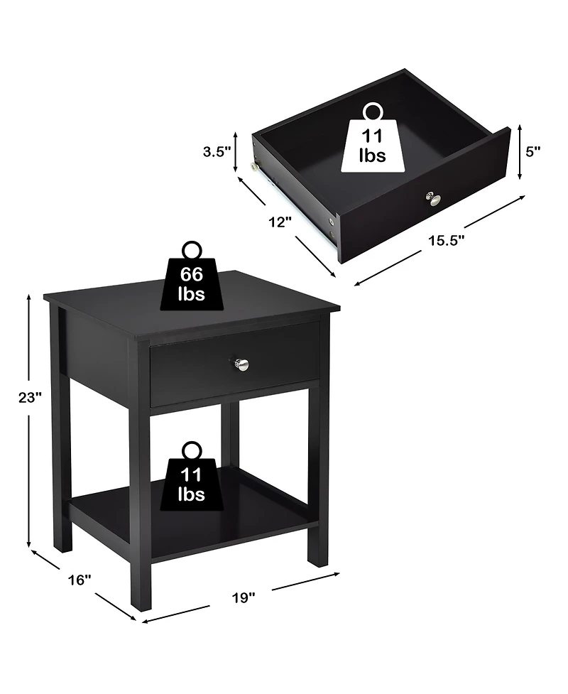 Costway Nightstand with Drawer Storage Shelf Wooden Bedside Sofa Side Table
