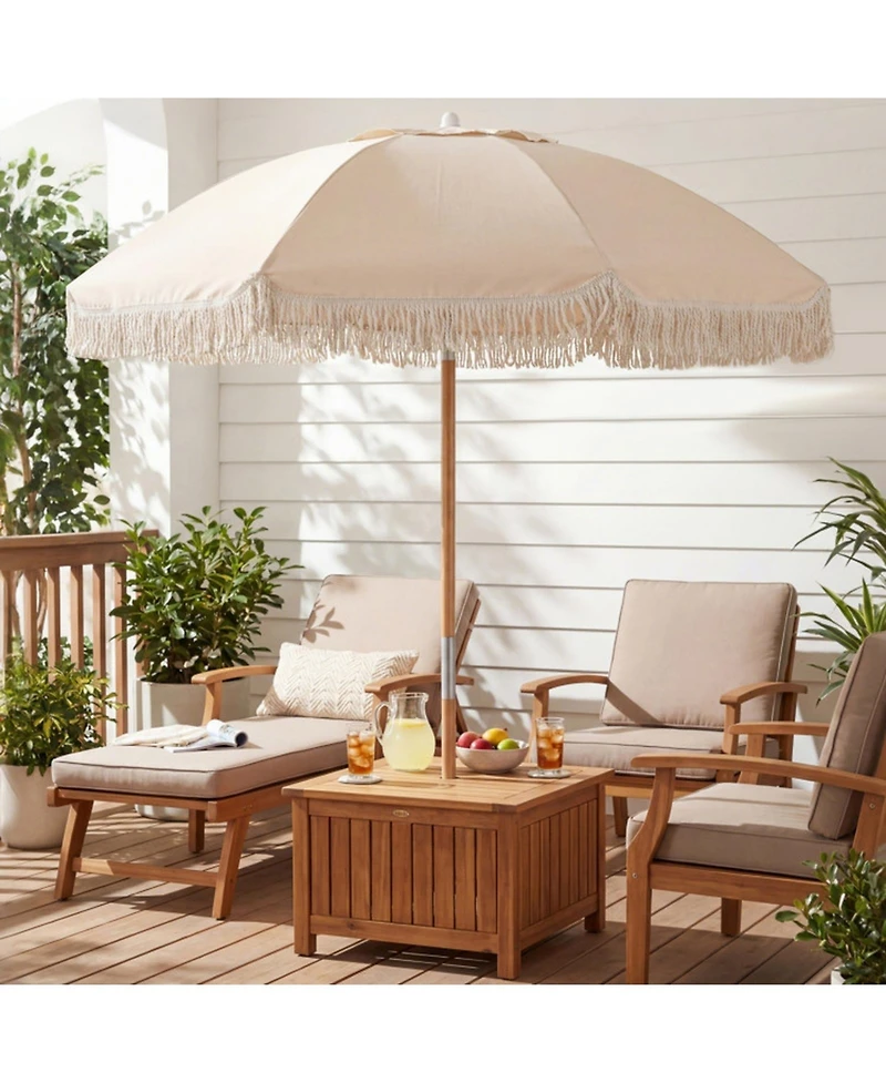 Gouun 6 Feet Boho Patio Umbrella with Fringe Tassels Wood Pole and Push Tilt