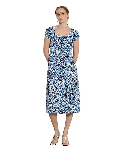 Apricot Women's Milkmaid Watercolour Leaf Smocked Waist Midi Square Neck Dress