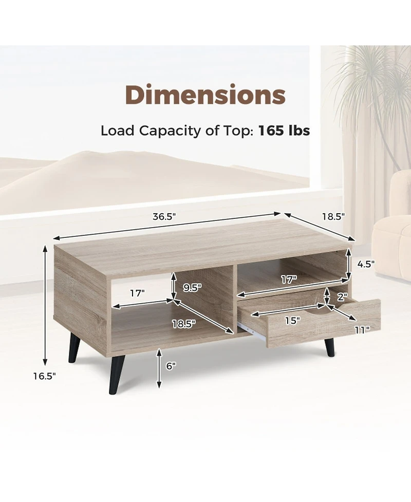 Sugift Rectangle Coffee Table with Storage Shelf and Drawer Center Table