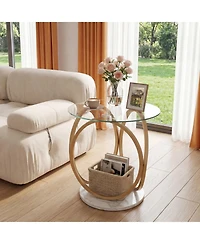 Sugift Round Faux Marble End Table with Tempered Glass Top 2-Tier Side Table