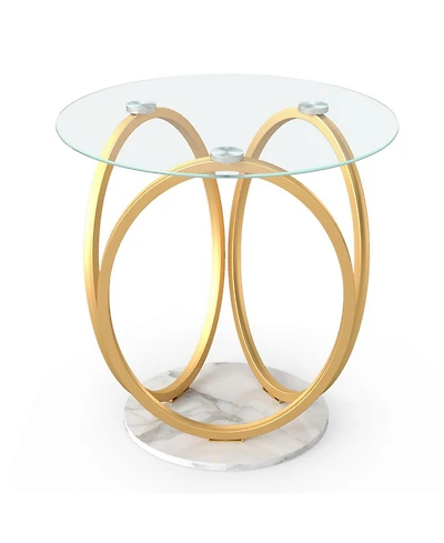 Sugift Round Faux Marble End Table with Tempered Glass Top 2-Tier Side Table