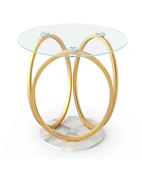 Sugift Round Faux Marble End Table with Tempered Glass Top 2-Tier Side Table
