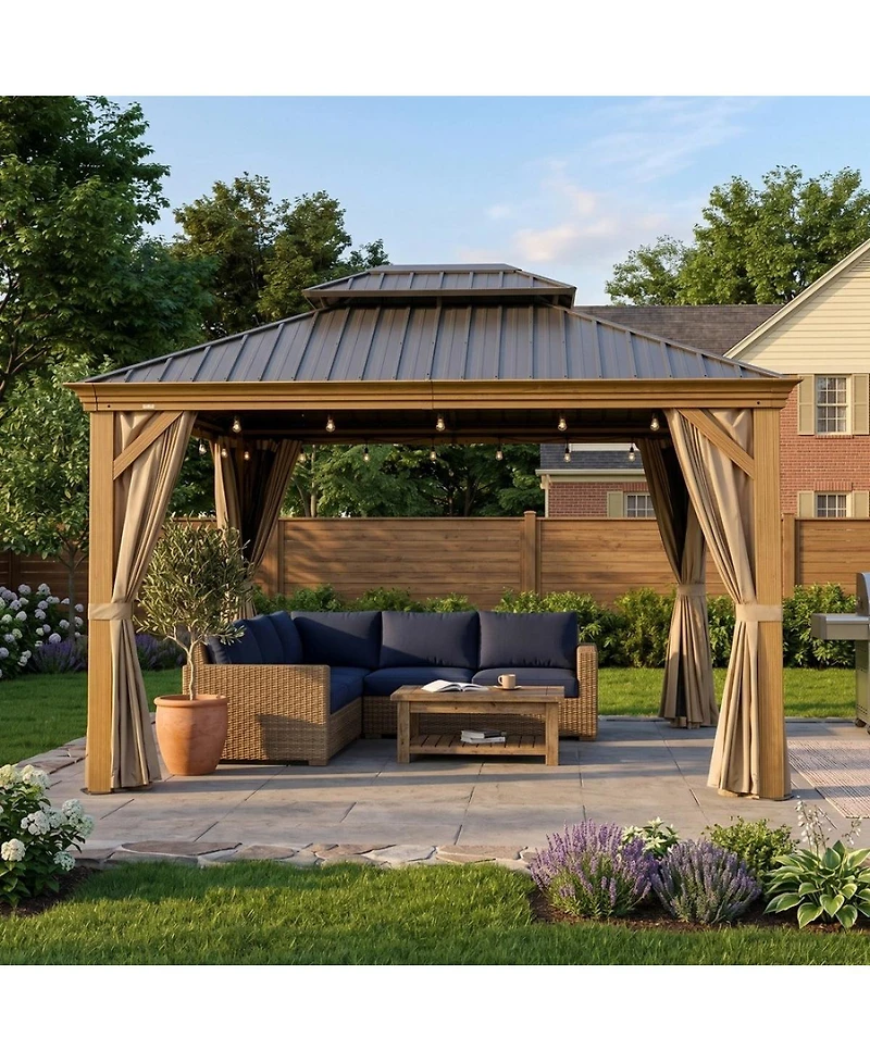 Asagikoiai 10x12 Ft Outdoor Hardtop Gazebo, Wood-Looking Metal Patio Canopy with Double Roof