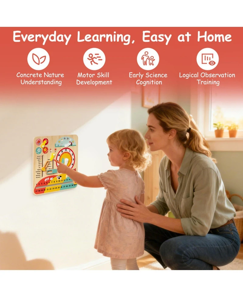 Sugift Montessori Wooden Learning Clock for Time, Seasons & Weather, Ages 3+