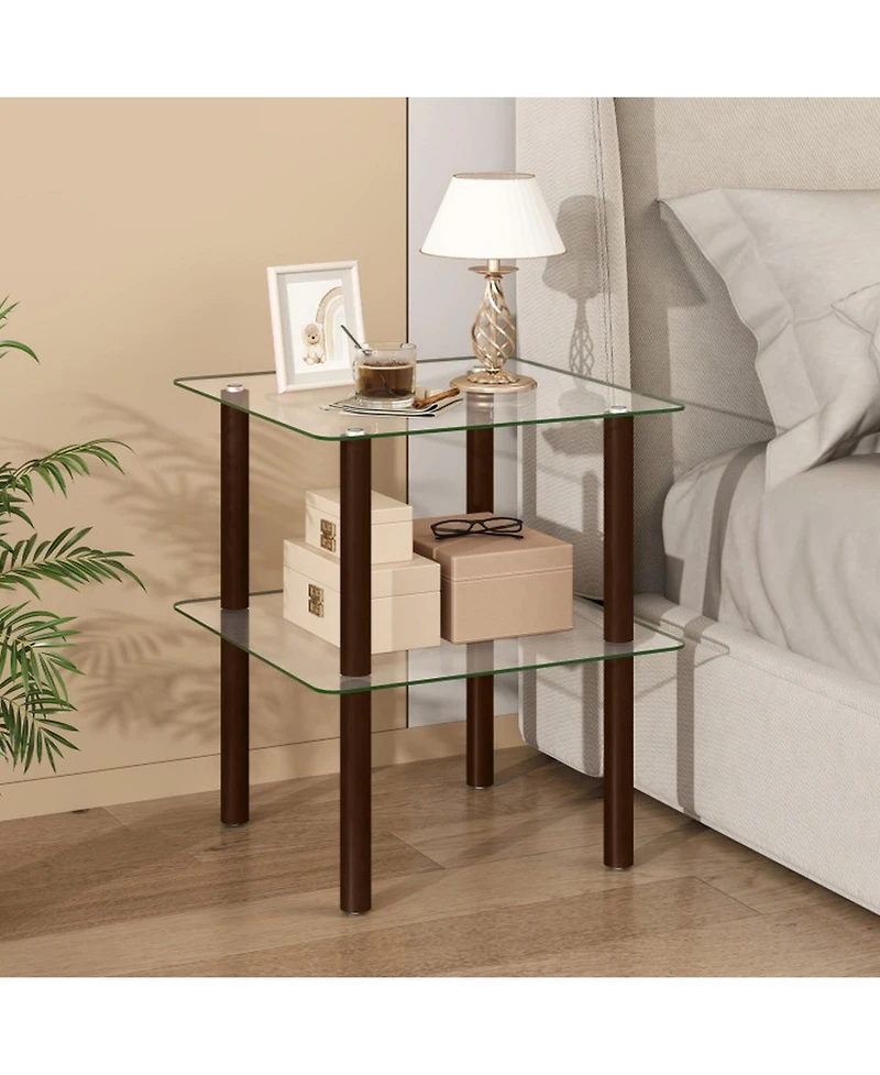 Sugift 2-Tier Square End Table with Shelf and Tempered Glass Top