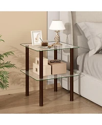Sugift 2-Tier Square End Table with Shelf and Tempered Glass Top
