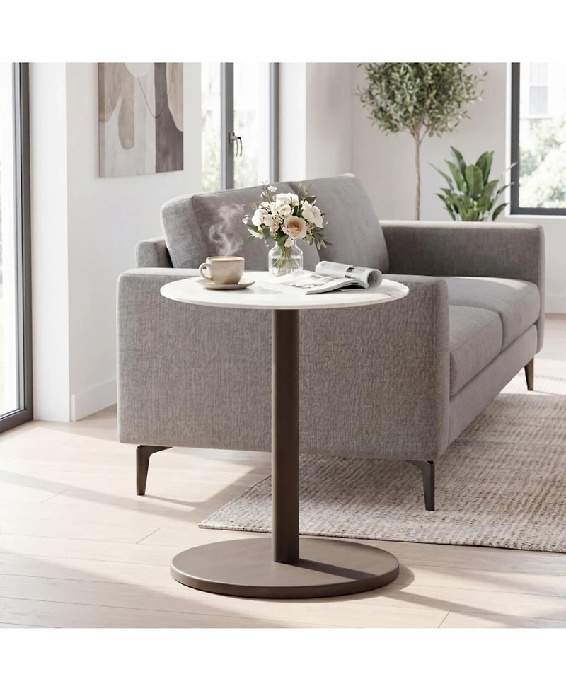 Sugift Round Marble Side Table Pedestal End Table with Stone Finish and Solid Wood Support