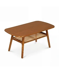 Sugift 2-Tier Boho Rattan Table with Rounded Corners and Open Shelf