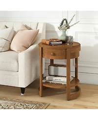 Sugift 2-Tier Round End Table Mid-Century Modern Nightstand with Drawer and Shelf