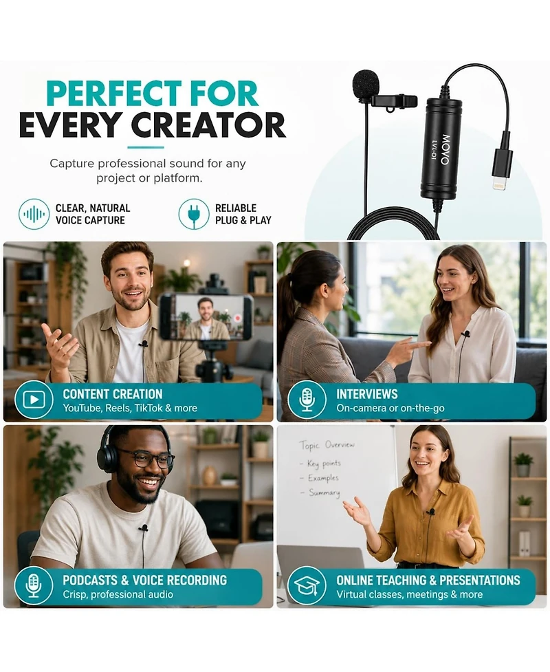 Movo LV1-di MFi Certified Lightning Omnidirectional Lavalier Microphone with 20-Foot Cable for iPhone and iPad