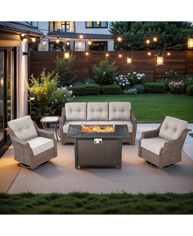 Pocassy 5-Piece Wicker Patio Furniture Set With Fire Pit Table, 6-Inch Ultra Thick Cushioned 360degree(s) Swivel Glider Chairs