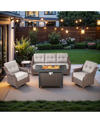 Pocassy 5-Piece Wicker Patio Furniture Set With Fire Pit Table, 6-Inch Ultra Thick Cushioned 360degree(s) Swivel Glider Chairs