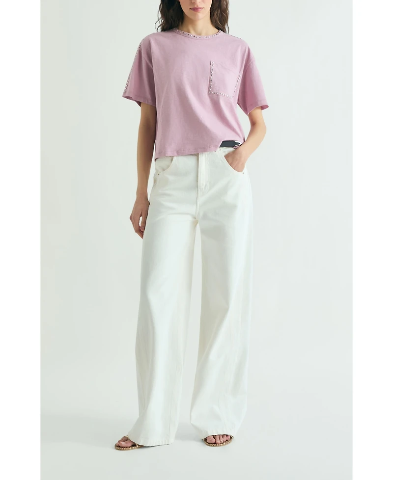 Scalpers Women's Bolsilo Studs Crewneck Chest-Pocket T-Shirt