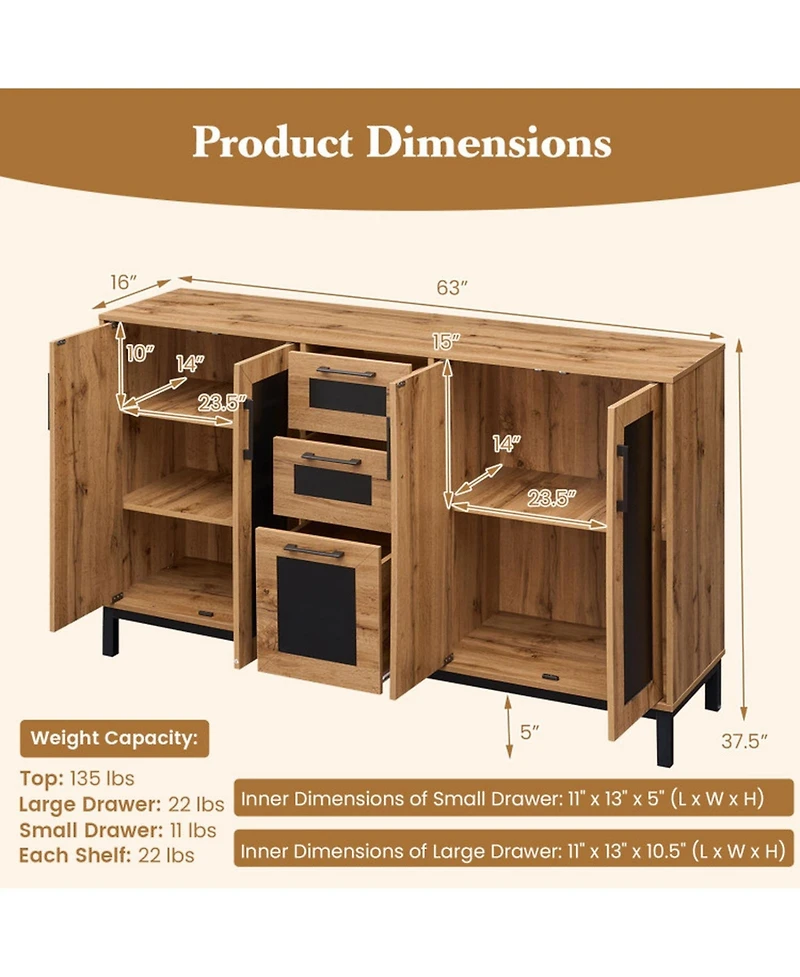 Sugift 63 Inch Sideboard Buffet Cabinet with 3 Drawers and Storage Shelves