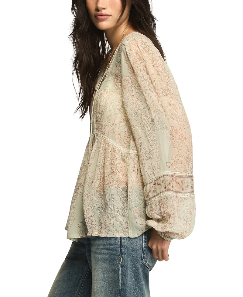 Lucky Brand Women's Mixed-Print Lace-Inset Peasant Top