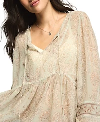 Lucky Brand Women's Mixed-Print Lace-Inset Peasant Top