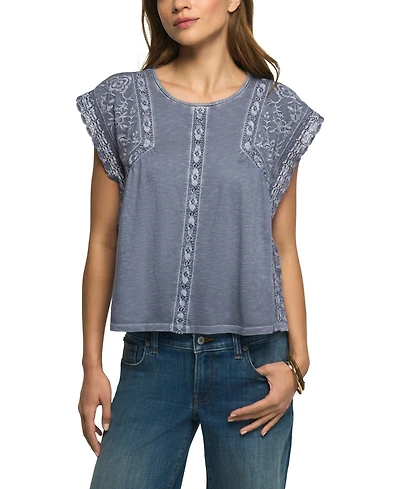 Lucky Brand Women's Embroidered Short-Sleeve Boxy Cotton-Blend T-Shirt