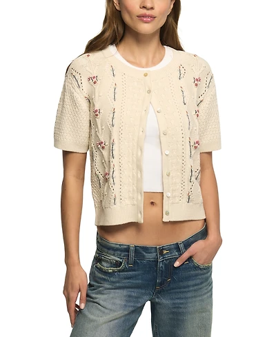 Lucky Brand Women's Rosette Button Up Short-Sleeve Cable-Knit Crop Cardigan
