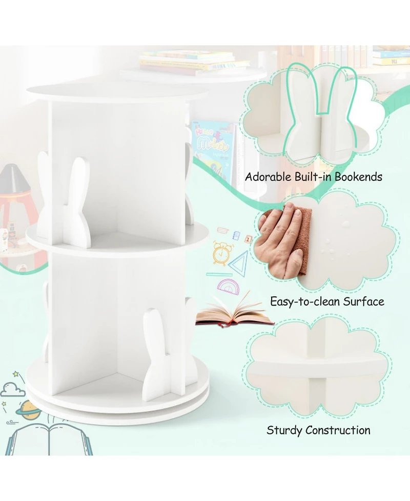 Sugift 2-Tier Freestanding Kids Rotating Bookshelf Storage Rack with Bunny Baffles