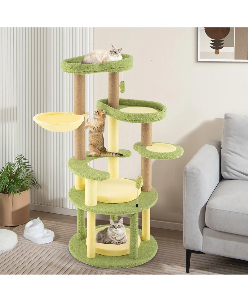 Sugift Multi-level Avocado Theme Cat Tree Tower with Wide Perch and Rotatable Basket