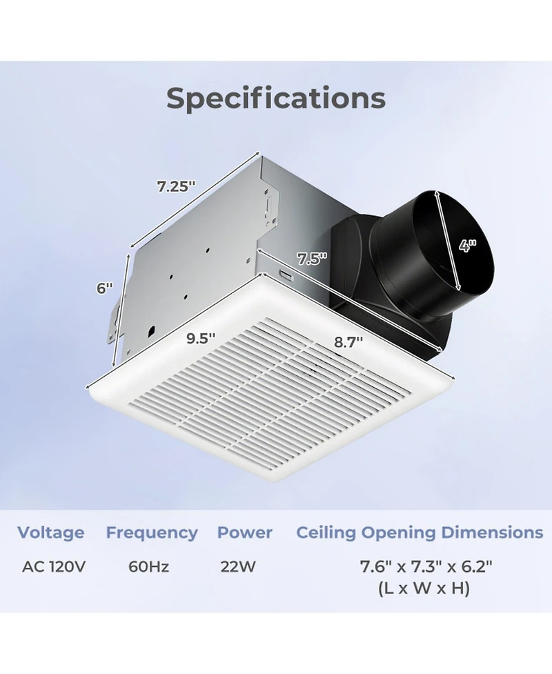 Sugift 80 Cfm Ceiling Mount Bathroom Exhaust Fan with Metal Housing and 4 in Duct