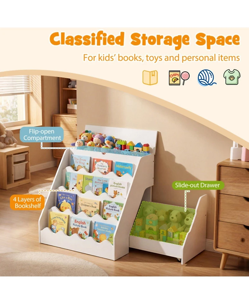 Sugift 2-In-1 Kids Bookshelf Toy Storage Organizer with 4-Layer Shelves Drawer and Flip Box