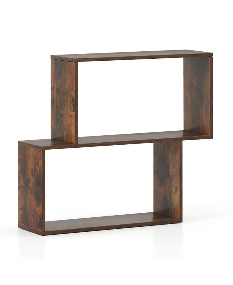 Sugift 3-Tier Geometric Wooden Bookcase with 2 Cubic Compartments Freestanding Bookshelf