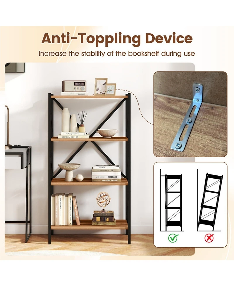 Sugift 4-Tier Bookshelf with Heavy-Duty Metal Frame and X-Braced Reinforcement