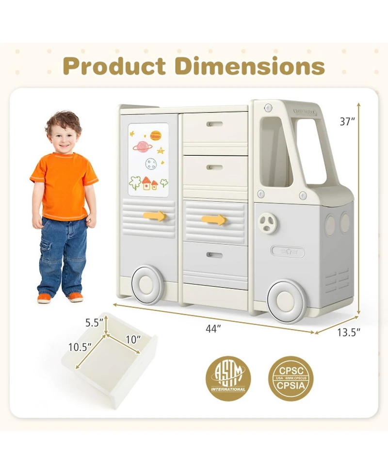 Sugift Kids Bus-Shaped Toy Storage Organizer Children Cabinet with 4 Pull-out Drawers and Whiteboard