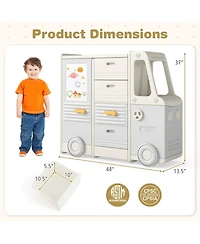 Sugift Kids Bus-Shaped Toy Storage Organizer Children Cabinet with 4 Pull-out Drawers and Whiteboard