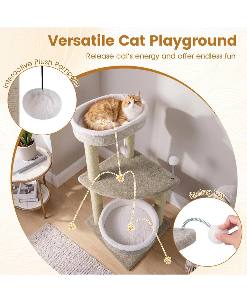 Sugift 36in Carpeted Cat Tree with Plush Perches Scratching Posts and Dangling Ball