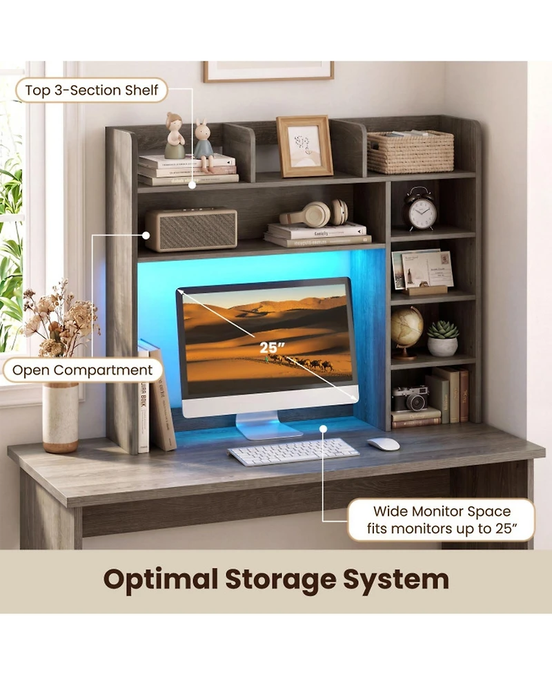 Sugift 35.5 Inch Desktop Bookshelf with Led Lights Desk Hutch Storage Organizer