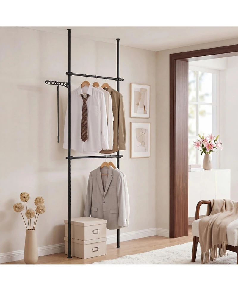 Sugift Adjustable Floor to Ceiling Clothes Rack with 2 Hanging Rods 102.5in-124in