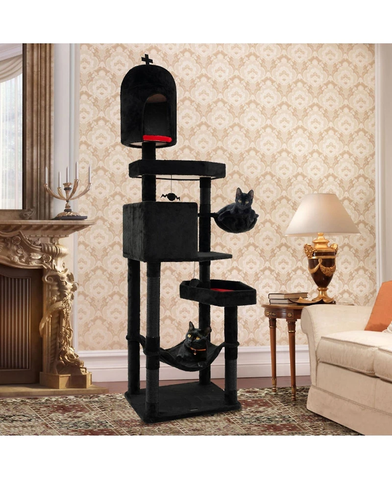 Sugift Gothic Cat Tree with 2 Cat Condos and Coffin Bed for Indoor Cats