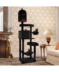 Sugift Gothic Cat Tree with 2 Cat Condos and Coffin Bed for Indoor Cats