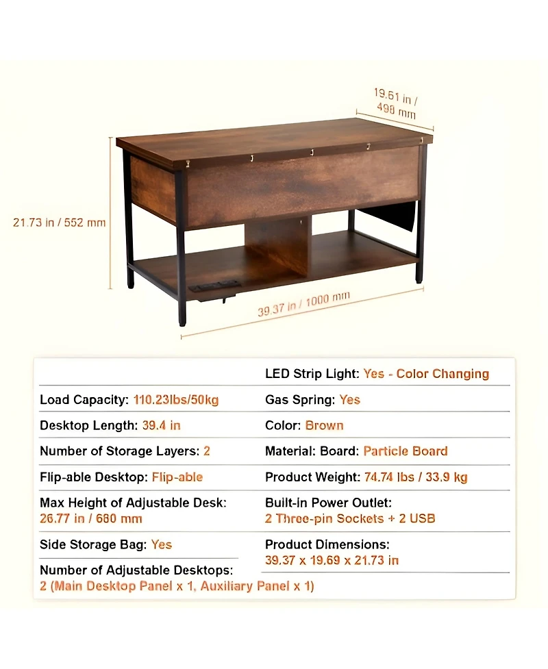 Slickblue Rectangle Lift Top Coffee Table with Charging Station, Hidden Storage and Ambient Led Lights