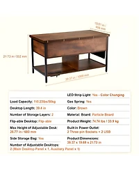 Slickblue Rectangle Lift Top Coffee Table with Charging Station, Hidden Storage and Ambient Led Lights