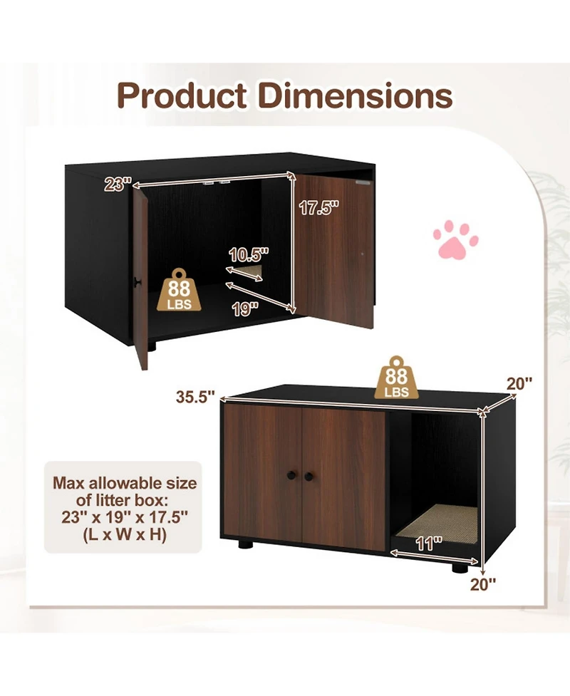 Sugift Wooden Cat Litter Box Enclosure Hidden Litter Box Furniture with Scratching Board