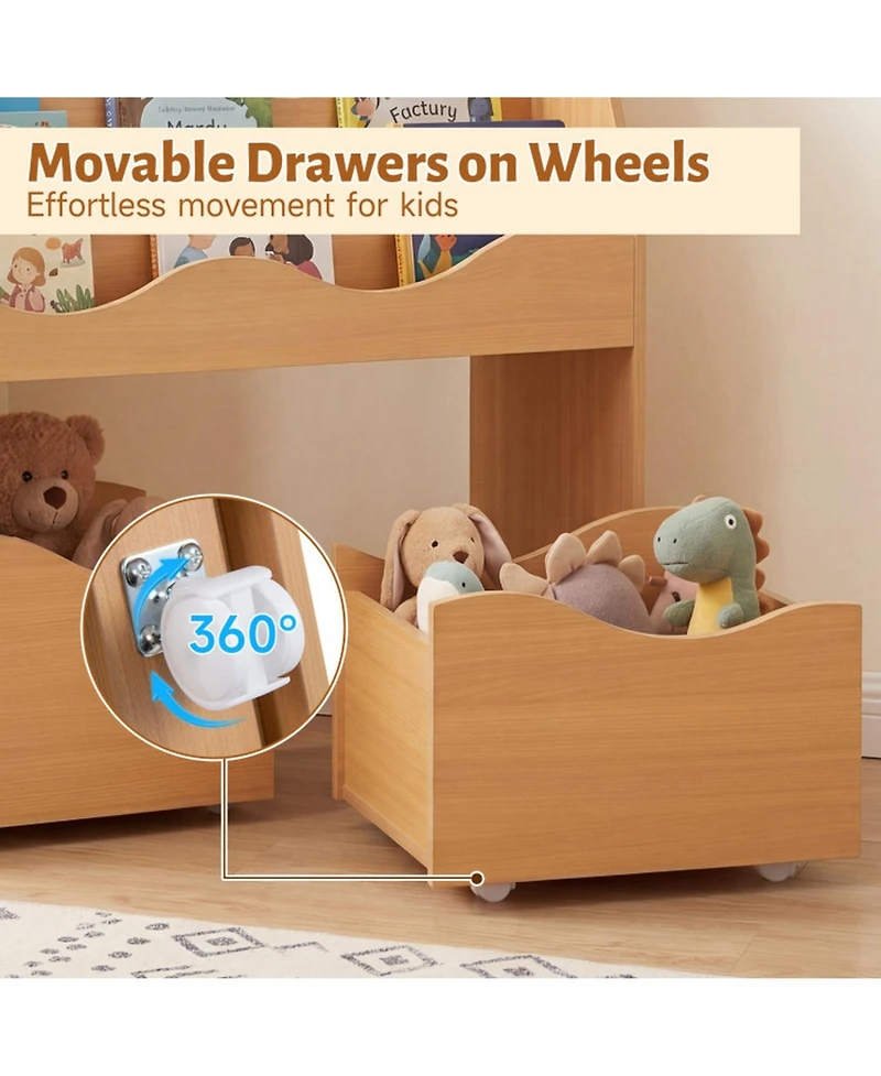 Sugift Kids Wooden Storage Organizer with 3-Tier Bookshelf and 2 Rolling Drawers for Kids Room