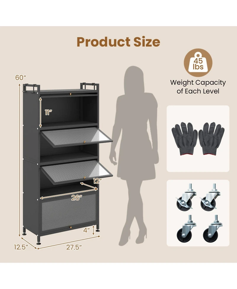 Sugift 5-Tier Kitchen Storage Cabinet with 4 Flip-up Pc Doors Adjustable Feet and Rolling Wheels