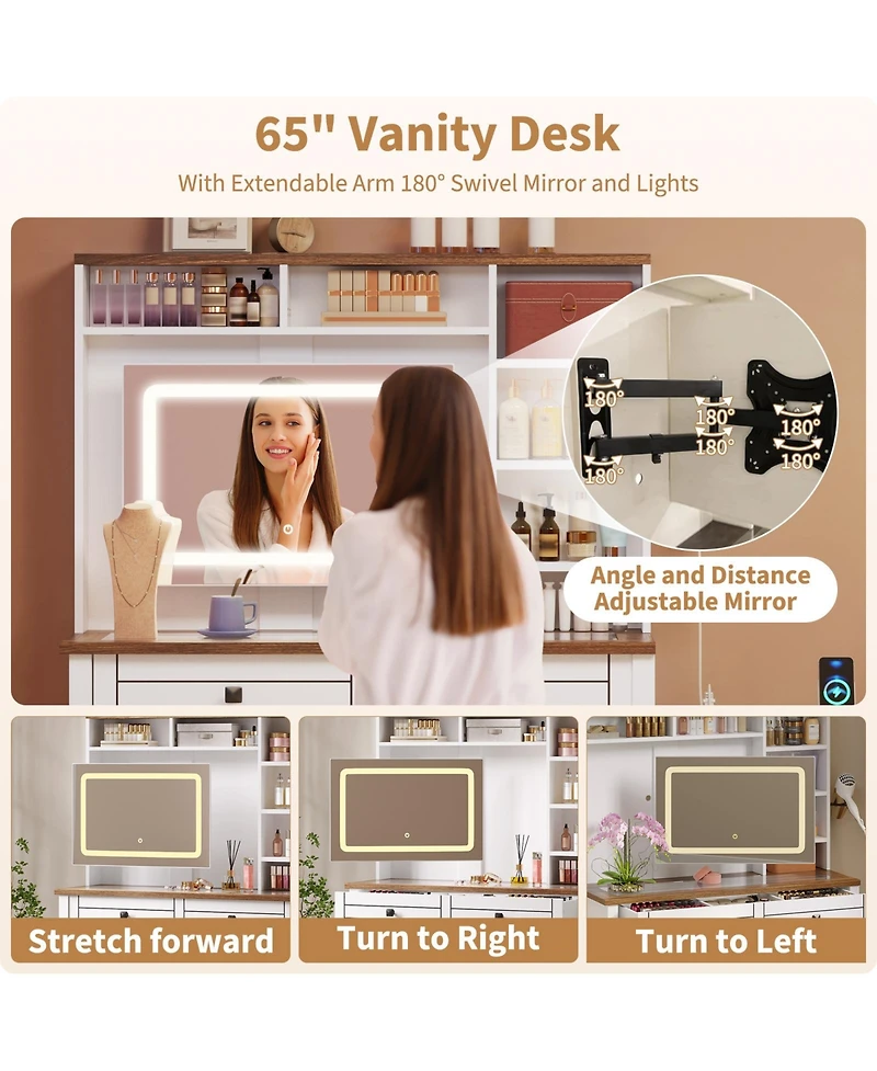 homfan Extendable Vanity Desk with Led Mirror, Power Outlet and 5 Drawers