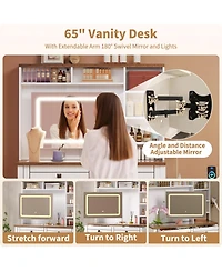 homfan Extendable Vanity Desk with Led Mirror, Power Outlet and 5 Drawers
