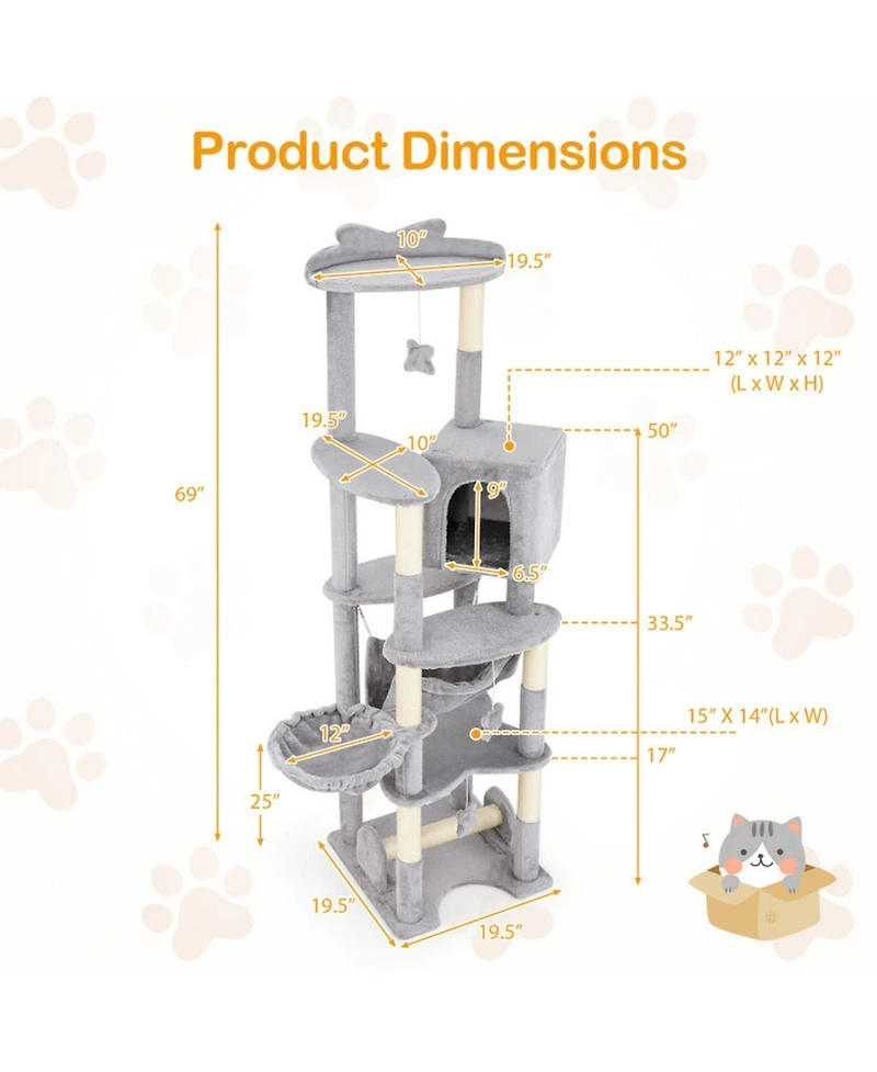 Sugift 69 in Multi-Level Cat Tree with Top Perch Cozy Condo and Hammock