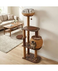 Sugift 59.5 in Multi-Level Cat Tree Tower with Pe Rattan Cat Condo Top Perch and Scratching Posts