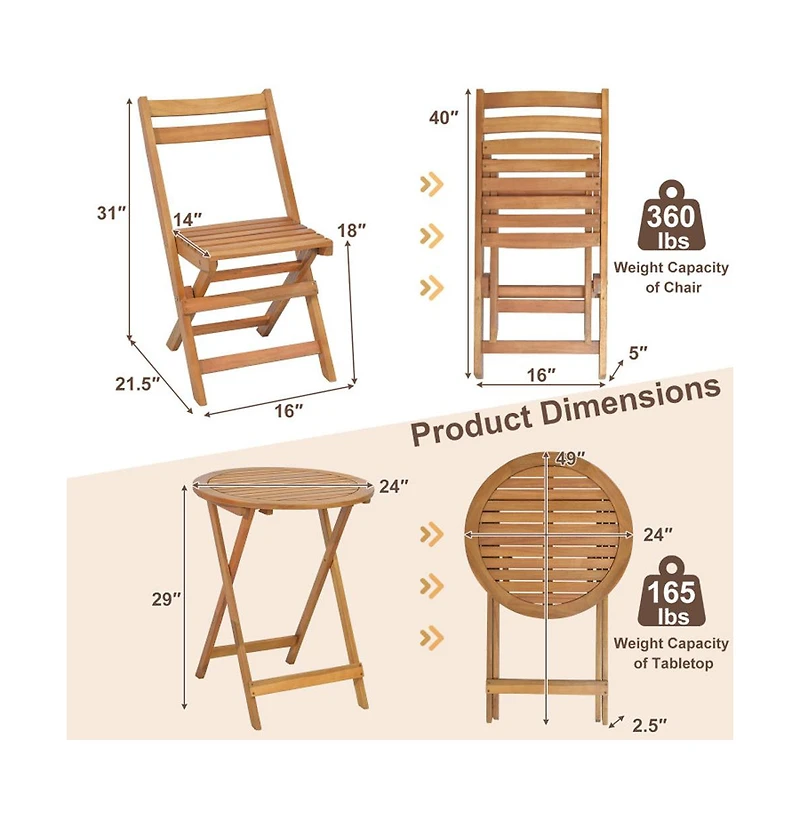 Boyel Living 3 Pieces Folding Patio Bistro Set with Slatted Tabletop