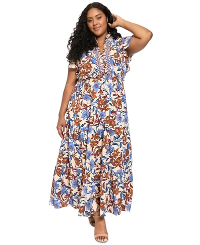 London Times Plus Tiered Flutter-Sleeve Bubble-Crepe Maxi Dress