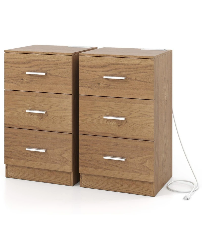 Sugift Set of 2 Nightstands with Charging Station End Tables with 3 Drawers for Bedroom
